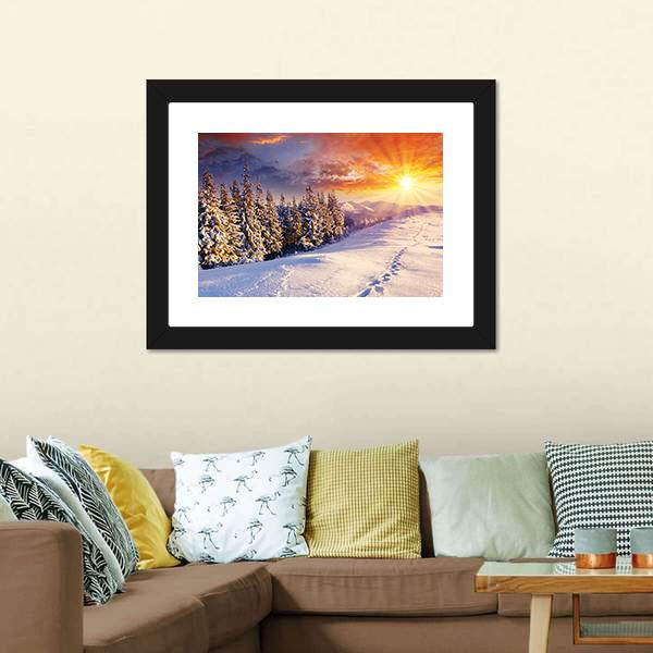 Majestic Sunset In Winter Mountain Canvas Wall Art-3 Horizontal-Gallery Wrap-25" x 16"-Tiaracle