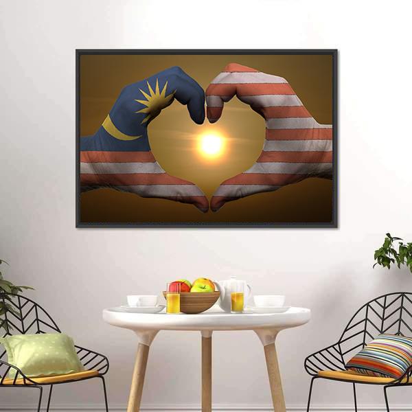 Malaysia Flag On Hands Canvas Wall Art-3 Horizontal-Gallery Wrap-25" x 16"-Tiaracle