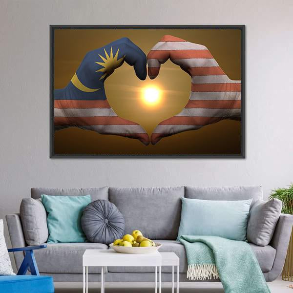 Malaysia Flag On Hands Canvas Wall Art-3 Horizontal-Gallery Wrap-25" x 16"-Tiaracle