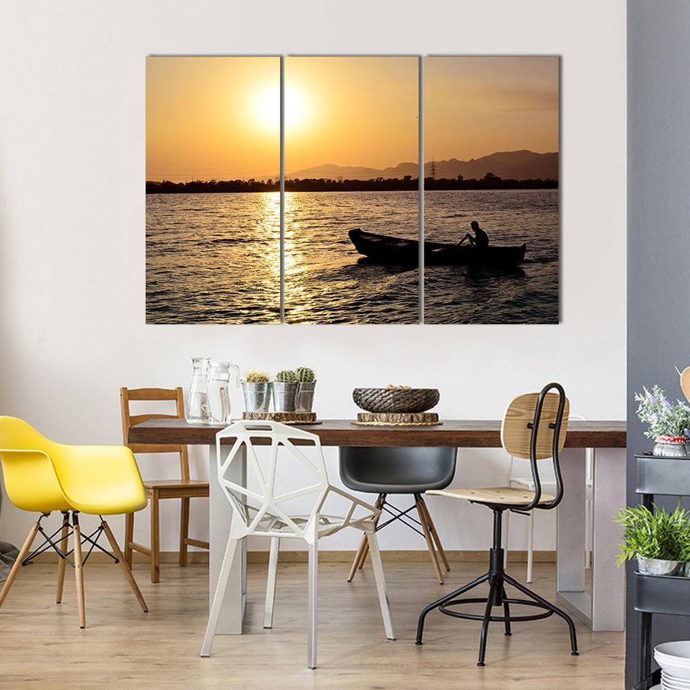 Man Boating On Lake Canvas Wall Art-3 Horizontal-Gallery Wrap-37" x 24"-Tiaracle