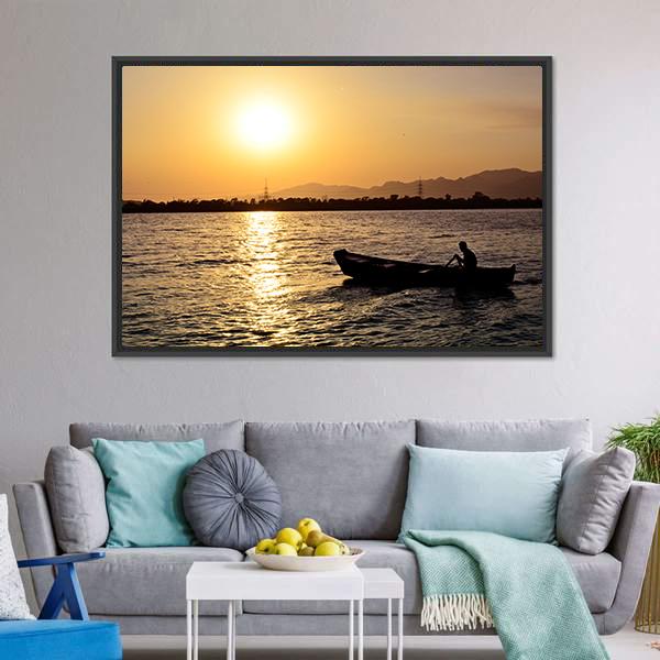 Man Boating On Lake Canvas Wall Art-1 Piece-Floating Frame-24" x 16"-Tiaracle