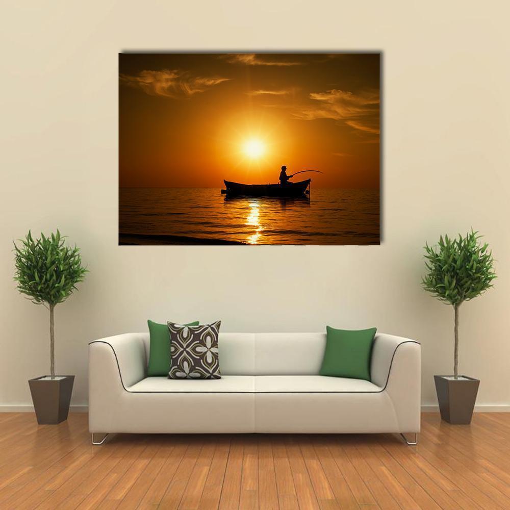 Man Fishing Under Sunset Canvas Wall Art-1 Piece-Gallery Wrap-48" x 32"-Tiaracle