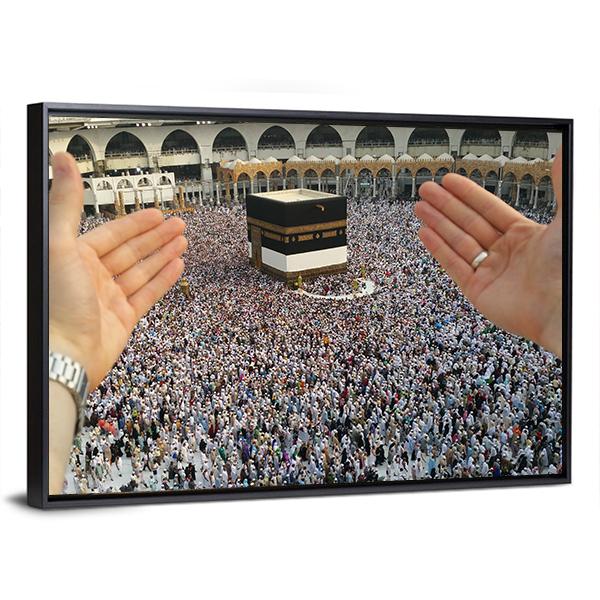 Man Praying & Holy Kaaba Canvas Wall Art-3 Horizontal-Gallery Wrap-25" x 16"-Tiaracle