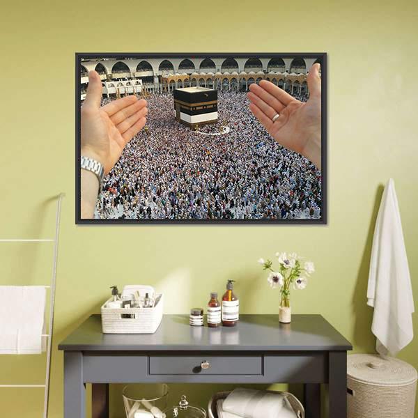 Man Praying & Holy Kaaba Canvas Wall Art-3 Horizontal-Gallery Wrap-25" x 16"-Tiaracle