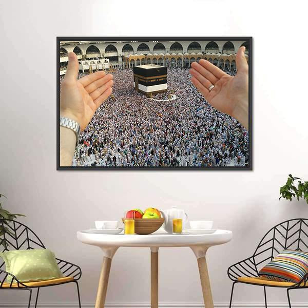 Man Praying & Holy Kaaba Canvas Wall Art-3 Horizontal-Gallery Wrap-25" x 16"-Tiaracle