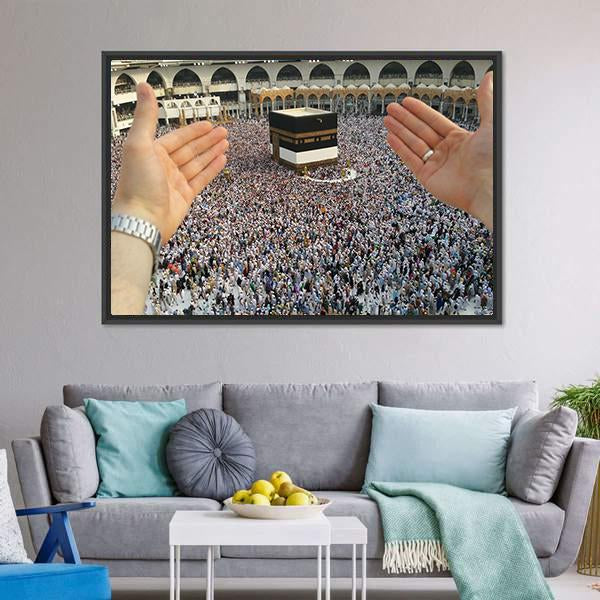 Man Praying & Holy Kaaba Canvas Wall Art-1 Piece-Floating Frame-24" x 16"-Tiaracle