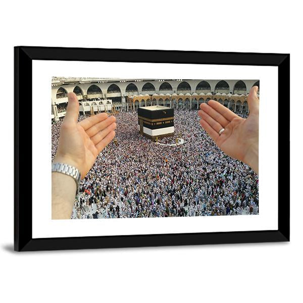 Man Praying & Holy Kaaba Canvas Wall Art-3 Horizontal-Gallery Wrap-25" x 16"-Tiaracle