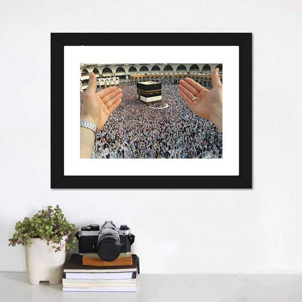 Man Praying & Holy Kaaba Canvas Wall Art-1 Piece-Framed Print-20" x 16"-Tiaracle