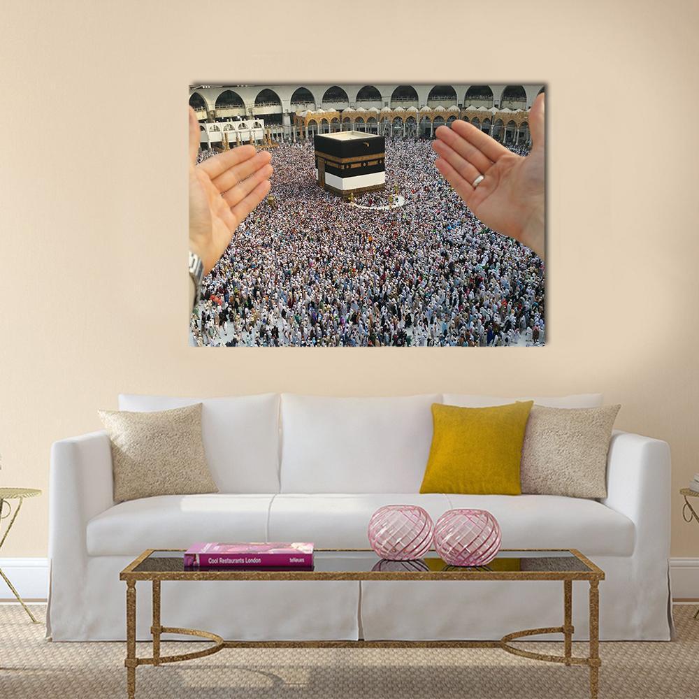 Man Praying & Holy Kaaba Canvas Wall Art-1 Piece-Gallery Wrap-48" x 32"-Tiaracle