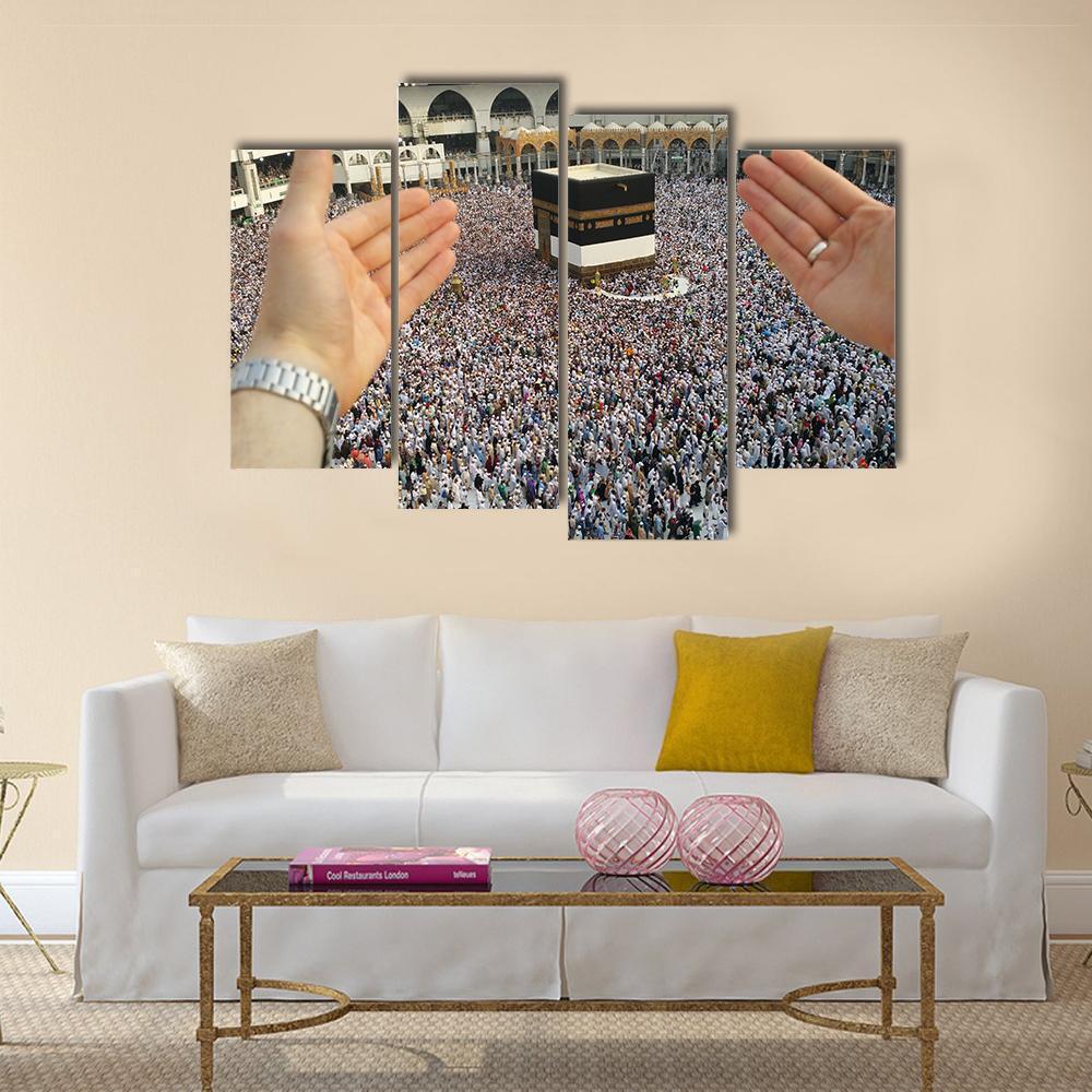 Man Praying & Holy Kaaba Canvas Wall Art-4 Pop-Gallery Wrap-50" x 32"-Tiaracle