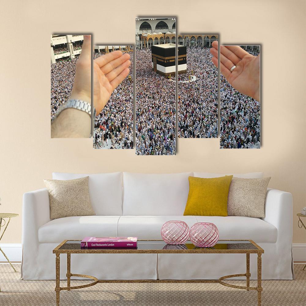 Man Praying & Holy Kaaba Canvas Wall Art-5 Pop-Gallery Wrap-47" x 32"-Tiaracle