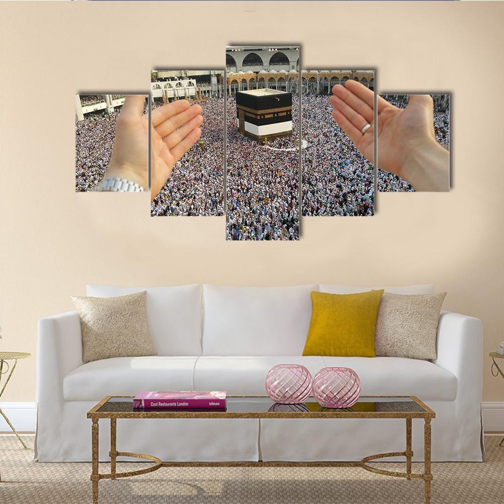 Man Praying & Holy Kaaba Canvas Wall Art-5 Star-Gallery Wrap-62" x 32"-Tiaracle