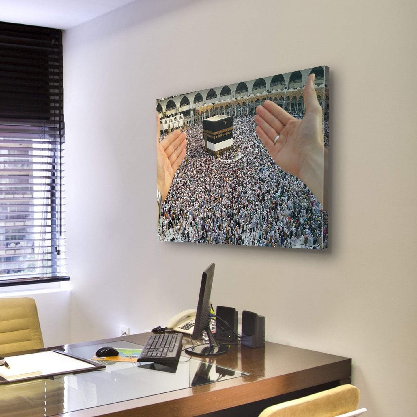 Man Praying & Holy Kaaba Canvas Wall Art-3 Horizontal-Gallery Wrap-25" x 16"-Tiaracle