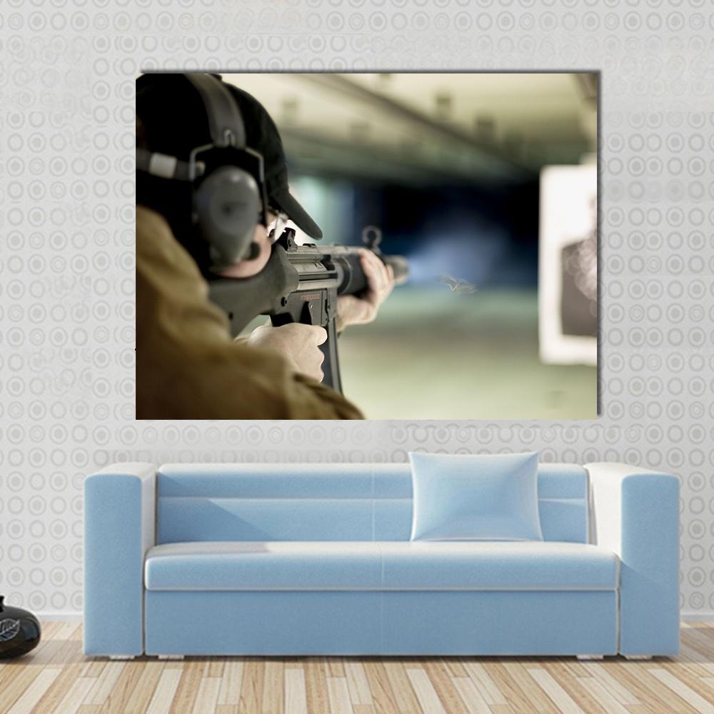 Man Shooting Target Canvas Wall Art-1 Piece-Gallery Wrap-48" x 32"-Tiaracle