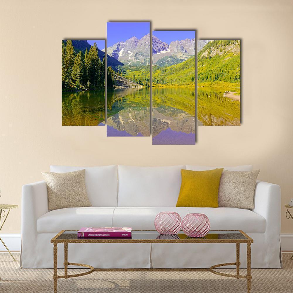 Maroon Bells With Lake Canvas Wall Art-4 Pop-Gallery Wrap-50" x 32"-Tiaracle