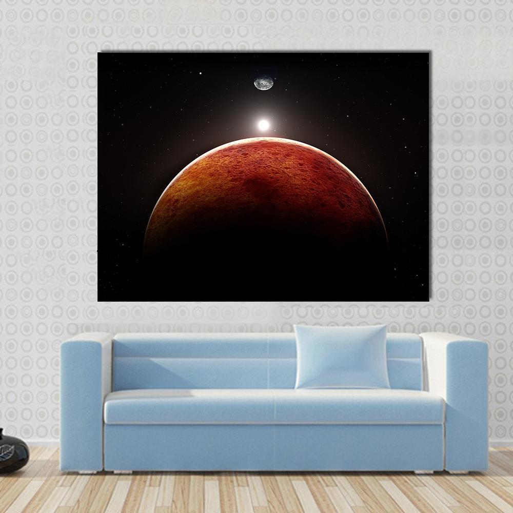 Planet Mars With Moon Canvas Wall Art-1 Piece-Gallery Wrap-48" x 32"-Tiaracle