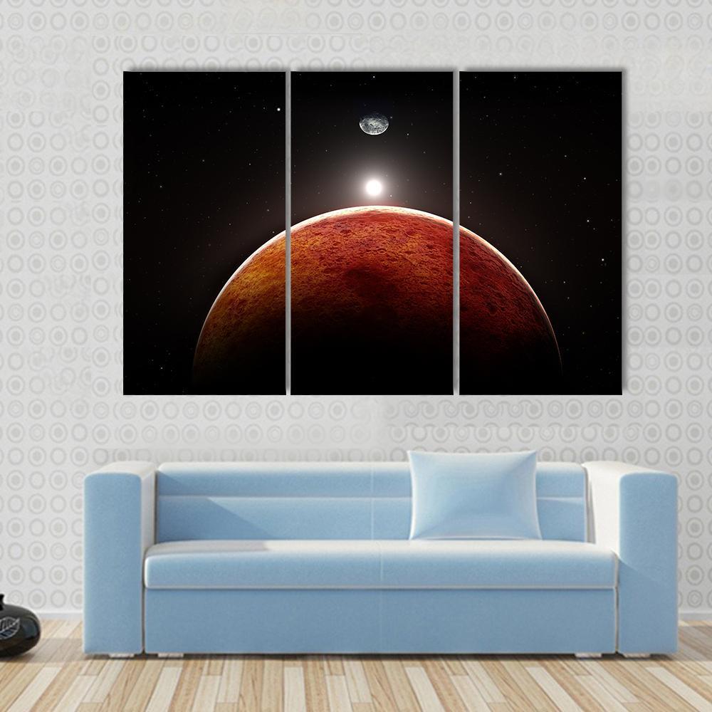 Planet Mars With Moon Canvas Wall Art-3 Horizontal-Gallery Wrap-37" x 24"-Tiaracle