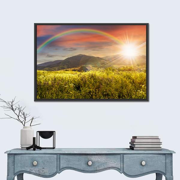 Meadow In Mountains With Rainbow Canvas Wall Art-1 Piece-Floating Frame-24" x 16"-Tiaracle