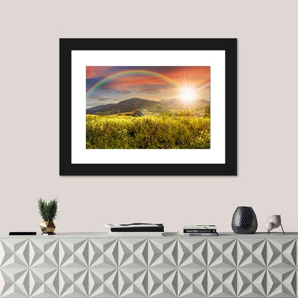 Meadow In Mountains With Rainbow Canvas Wall Art-1 Piece-Framed Print-20" x 16"-Tiaracle