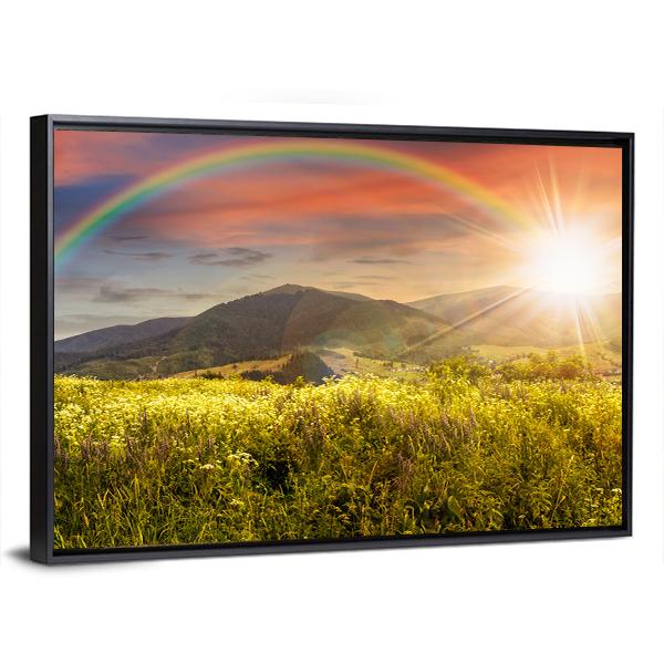 Meadow In Mountains With Rainbow Canvas Wall Art-3 Horizontal-Gallery Wrap-25" x 16"-Tiaracle