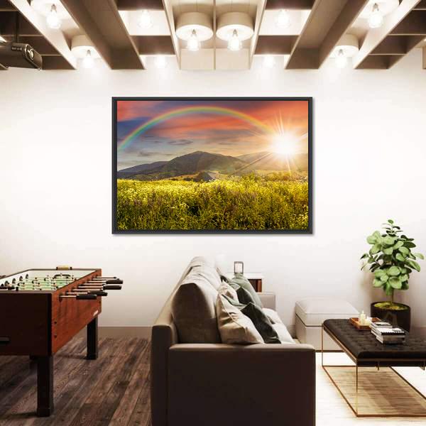 Meadow In Mountains With Rainbow Canvas Wall Art-3 Horizontal-Gallery Wrap-25" x 16"-Tiaracle