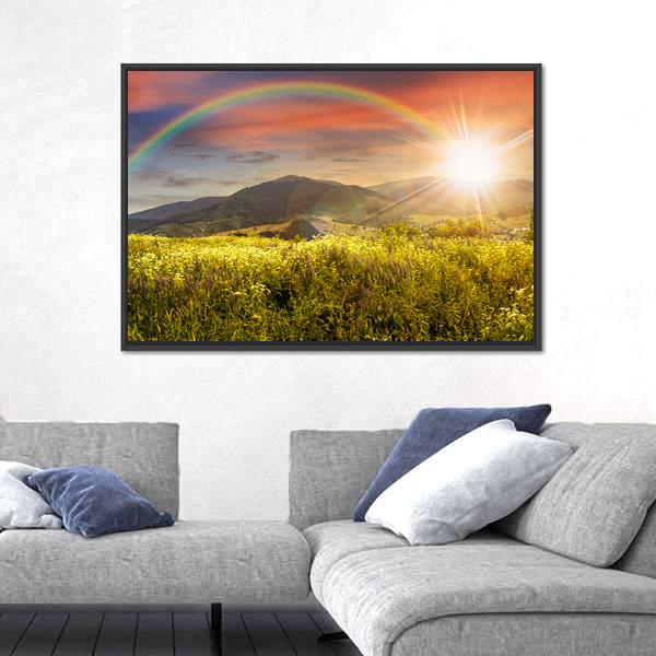 Meadow In Mountains With Rainbow Canvas Wall Art-3 Horizontal-Gallery Wrap-25" x 16"-Tiaracle