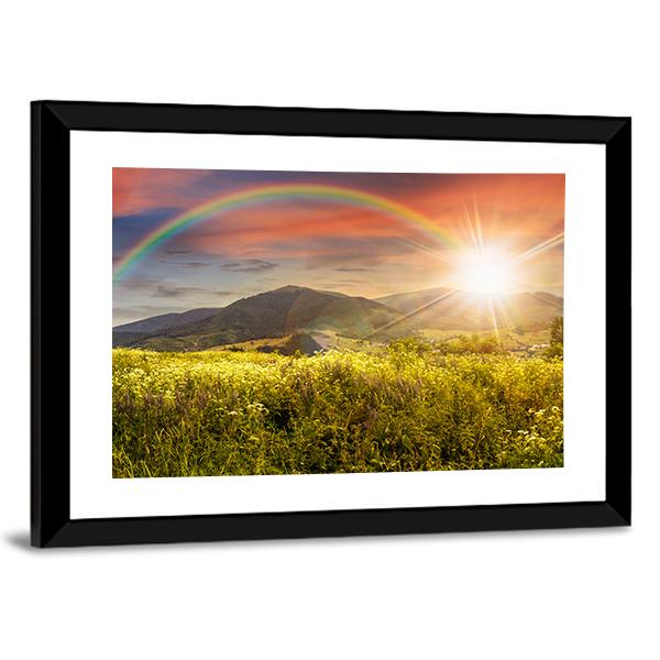 Meadow In Mountains With Rainbow Canvas Wall Art-3 Horizontal-Gallery Wrap-25" x 16"-Tiaracle