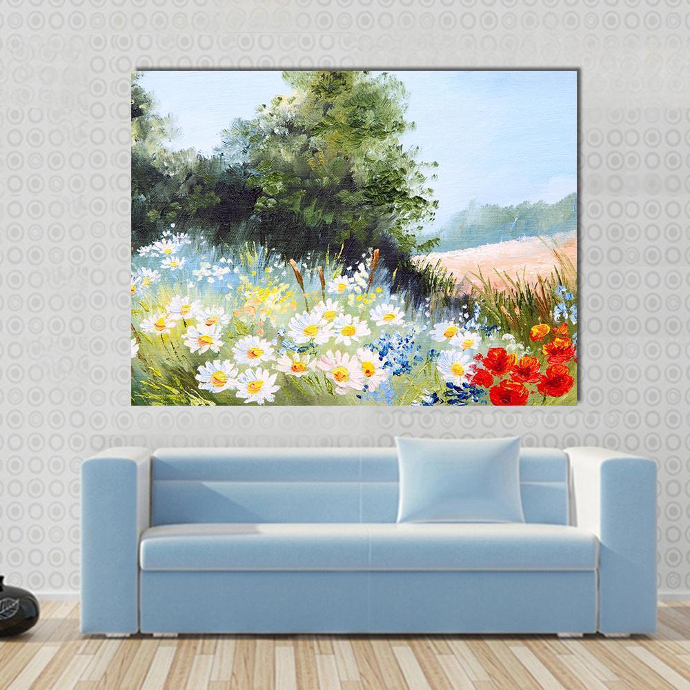 Meadow Of Daisies Canvas Wall Art-1 Piece-Gallery Wrap-48" x 32"-Tiaracle