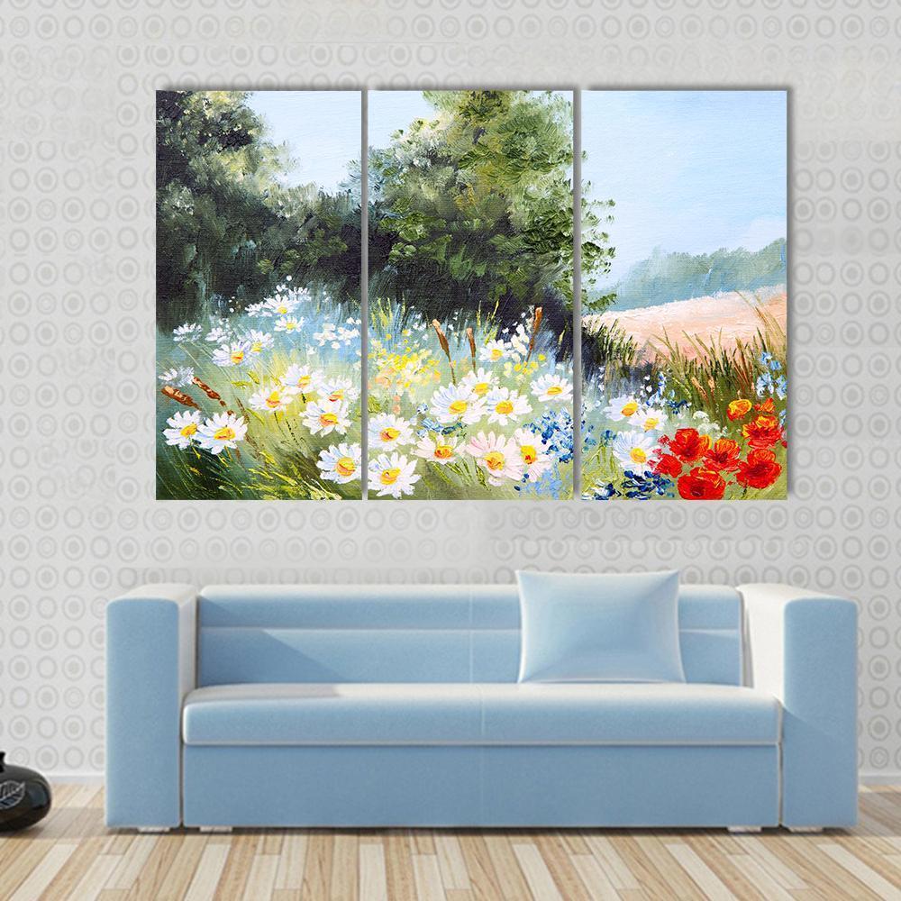 Meadow Of Daisies Canvas Wall Art-3 Horizontal-Gallery Wrap-37" x 24"-Tiaracle