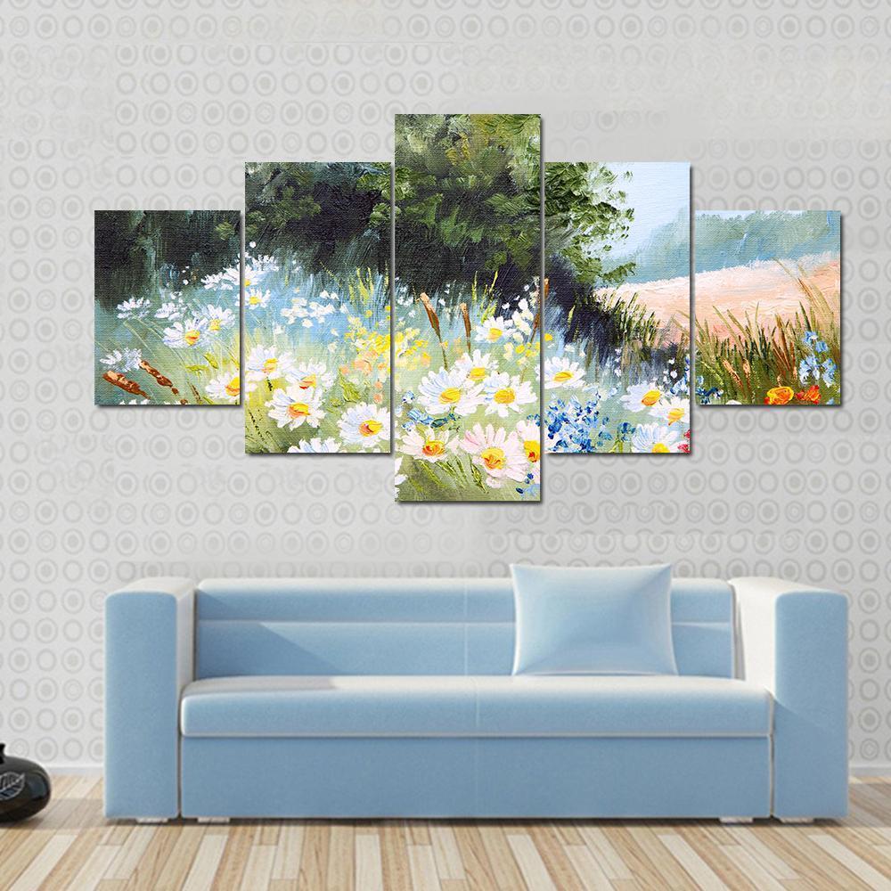 Meadow Of Daisies Canvas Wall Art-5 Star-Gallery Wrap-62" x 32"-Tiaracle