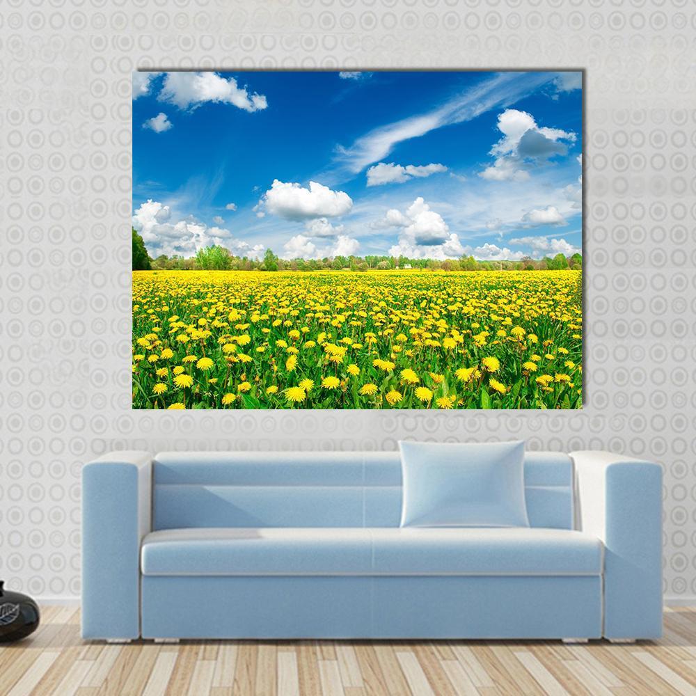 Meadow With Yellow Dandelions Canvas Wall Art-1 Piece-Gallery Wrap-48" x 32"-Tiaracle