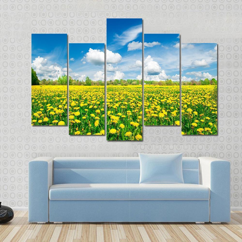 Meadow With Yellow Dandelions Canvas Wall Art-5 Pop-Gallery Wrap-47" x 32"-Tiaracle