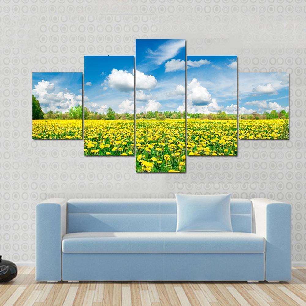 Meadow With Yellow Dandelions Canvas Wall Art-5 Star-Gallery Wrap-62" x 32"-Tiaracle