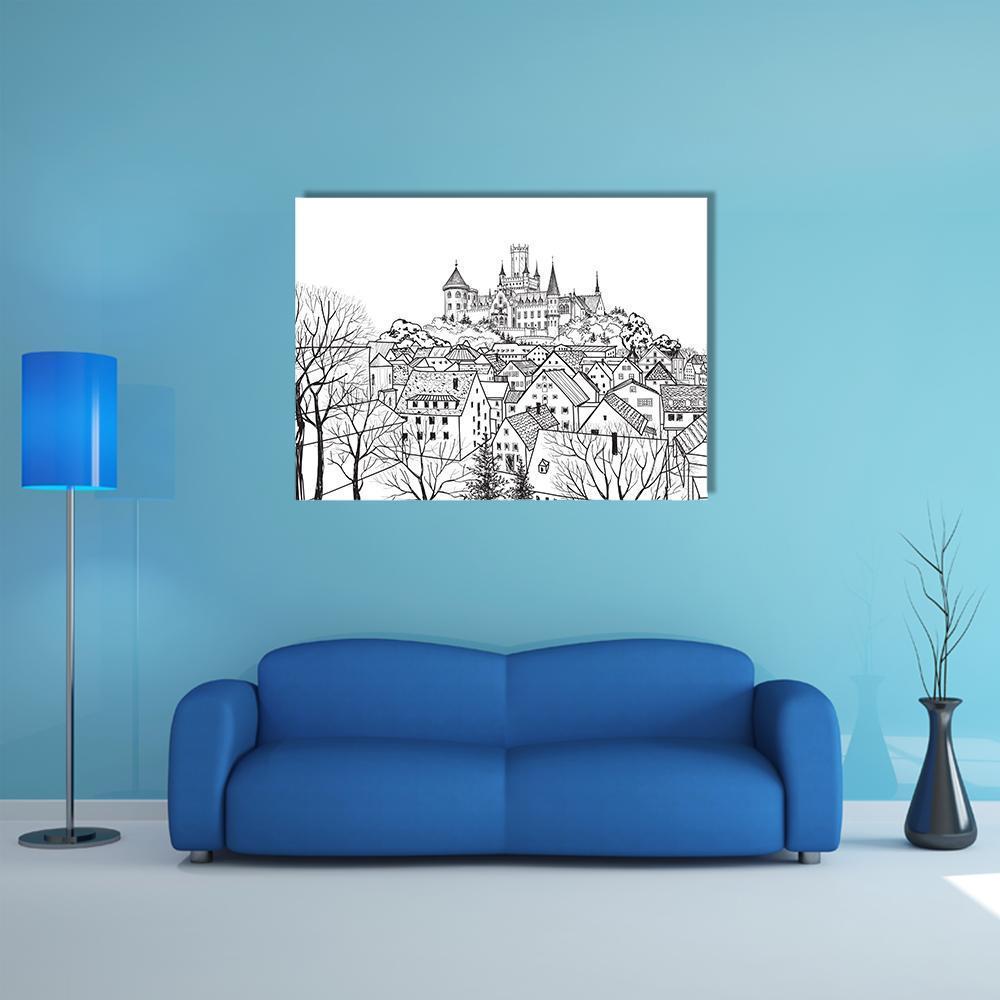Castle & City Sketch Canvas Wall Art-1 Piece-Gallery Wrap-48" x 32"-Tiaracle