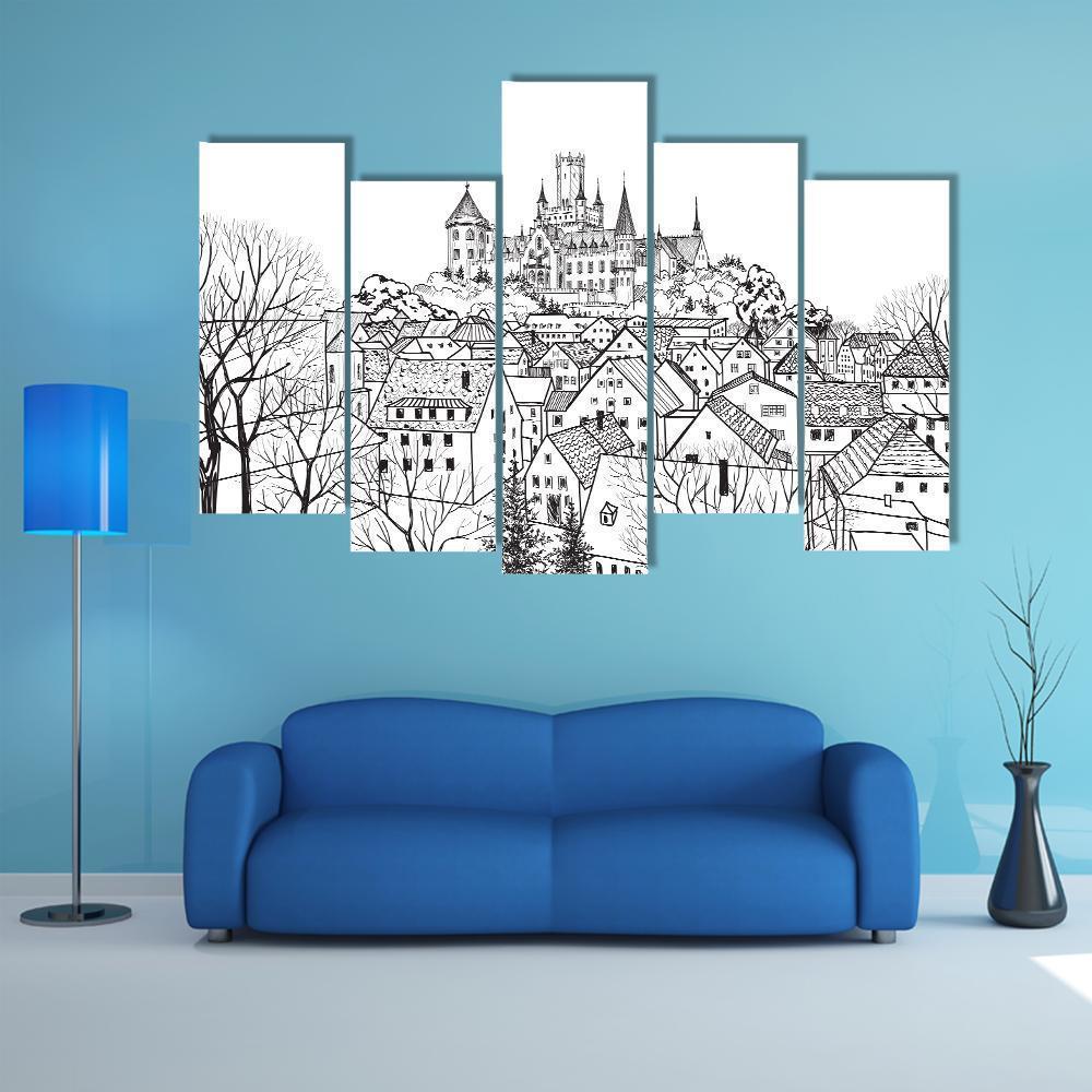 Castle & City Sketch Canvas Wall Art-5 Pop-Gallery Wrap-47" x 32"-Tiaracle