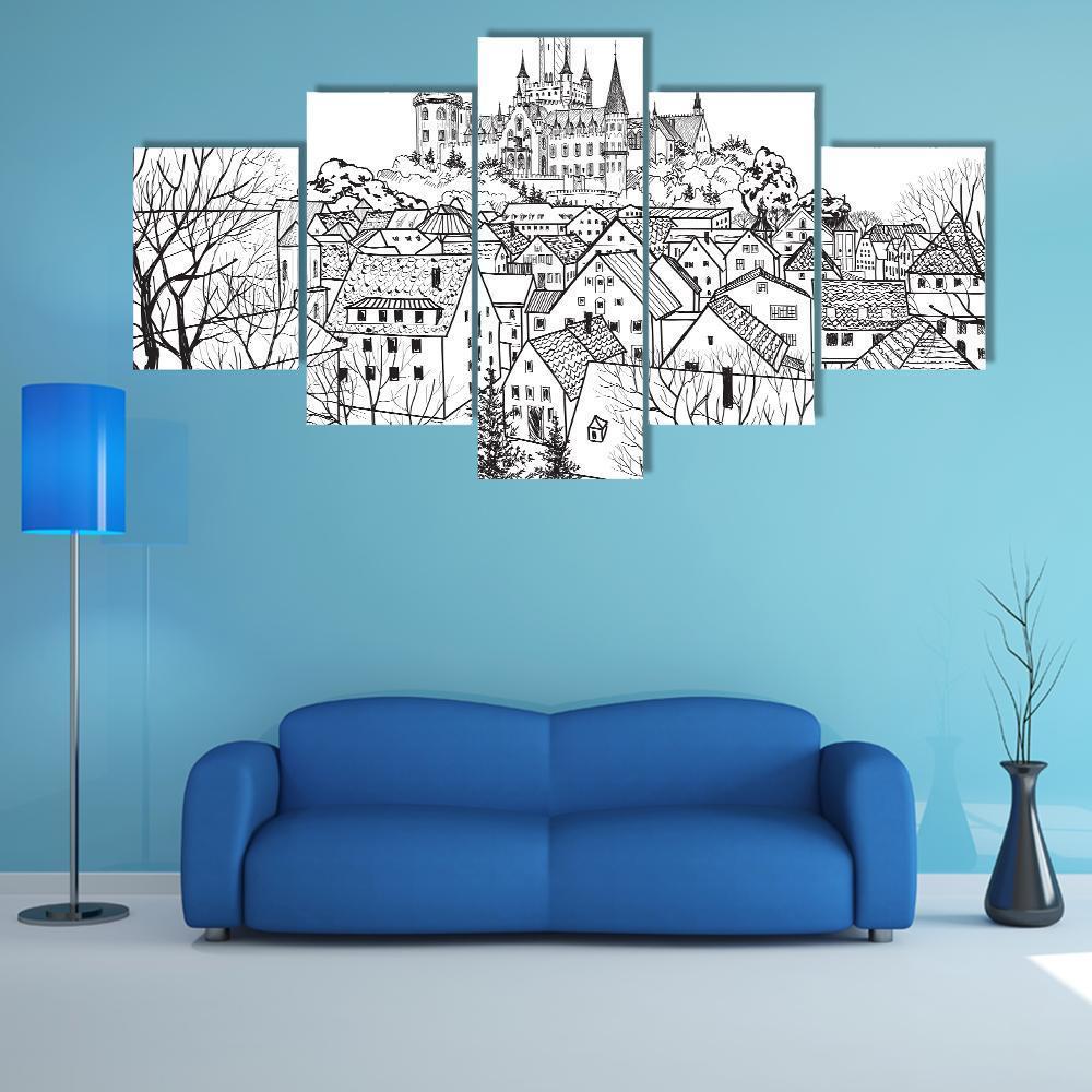 Castle & City Sketch Canvas Wall Art-5 Star-Gallery Wrap-62" x 32"-Tiaracle