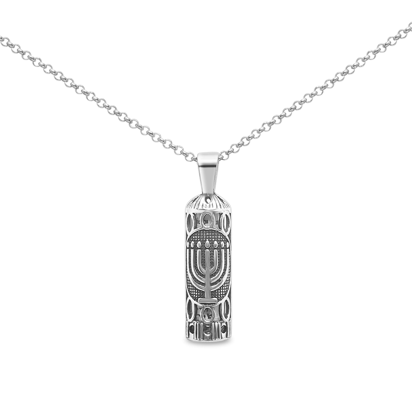 Mezuzah Necklace with Menorah in Sterling Silver