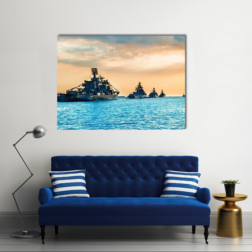 Military Navy Ships In Sea Canvas Wall Art-1 Piece-Gallery Wrap-48" x 32"-Tiaracle