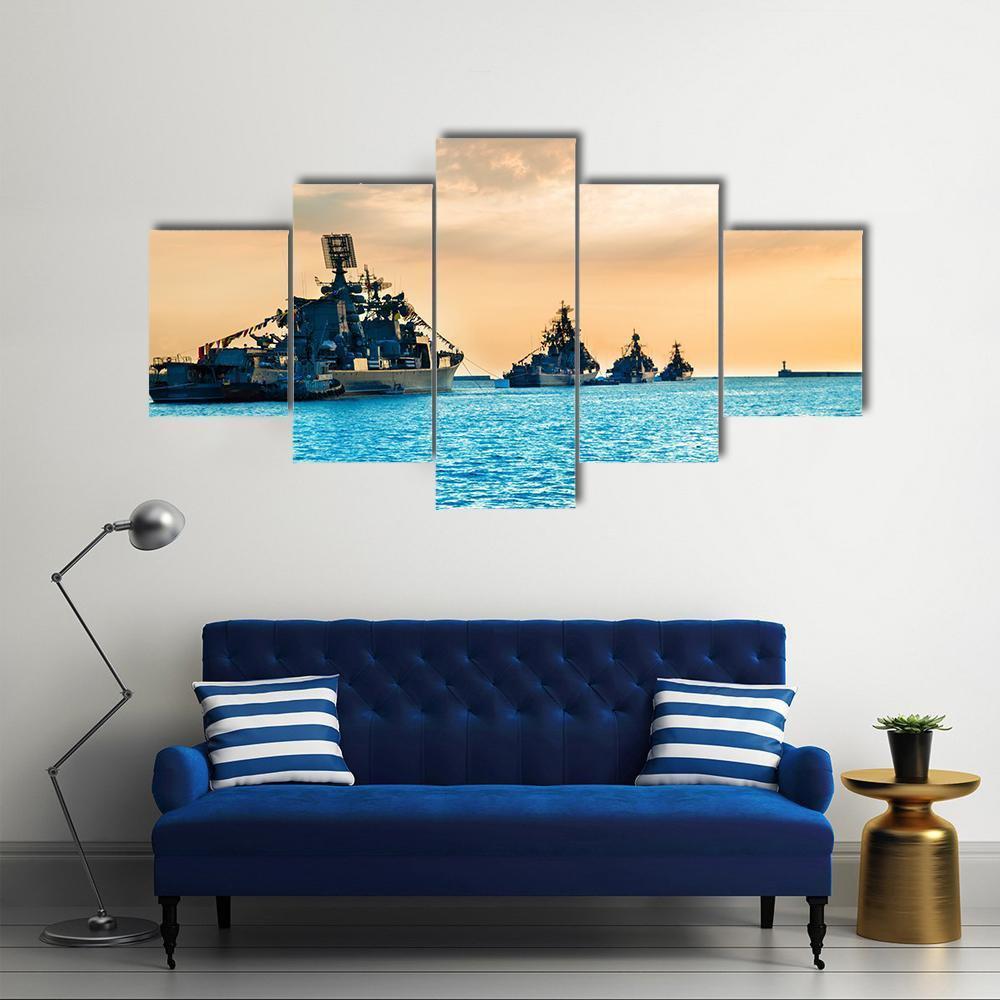 Military Navy Ships In Sea Canvas Wall Art-5 Star-Gallery Wrap-62" x 32"-Tiaracle