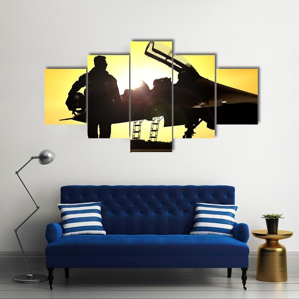 Military Pilot On Airfield Canvas Wall Art-5 Star-Gallery Wrap-62" x 32"-Tiaracle