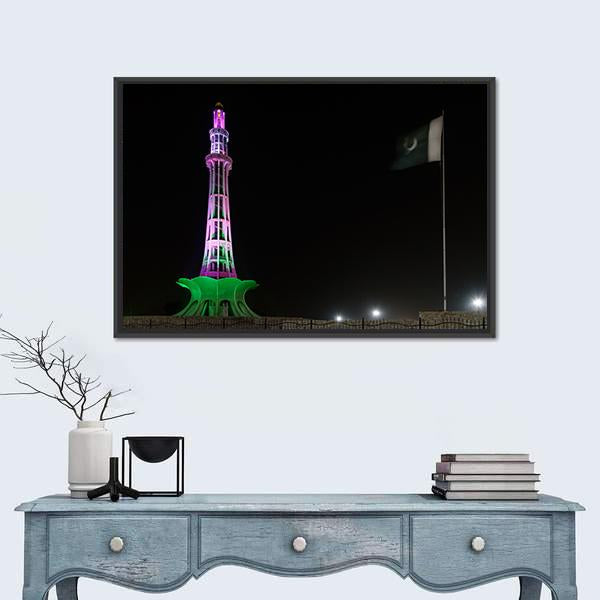 Minar-E-Pakistan At Night Canvas Wall Art-1 Piece-Floating Frame-24" x 16"-Tiaracle