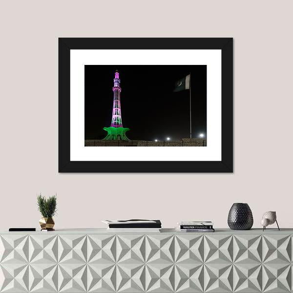 Minar-E-Pakistan At Night Canvas Wall Art-1 Piece-Framed Print-20" x 16"-Tiaracle