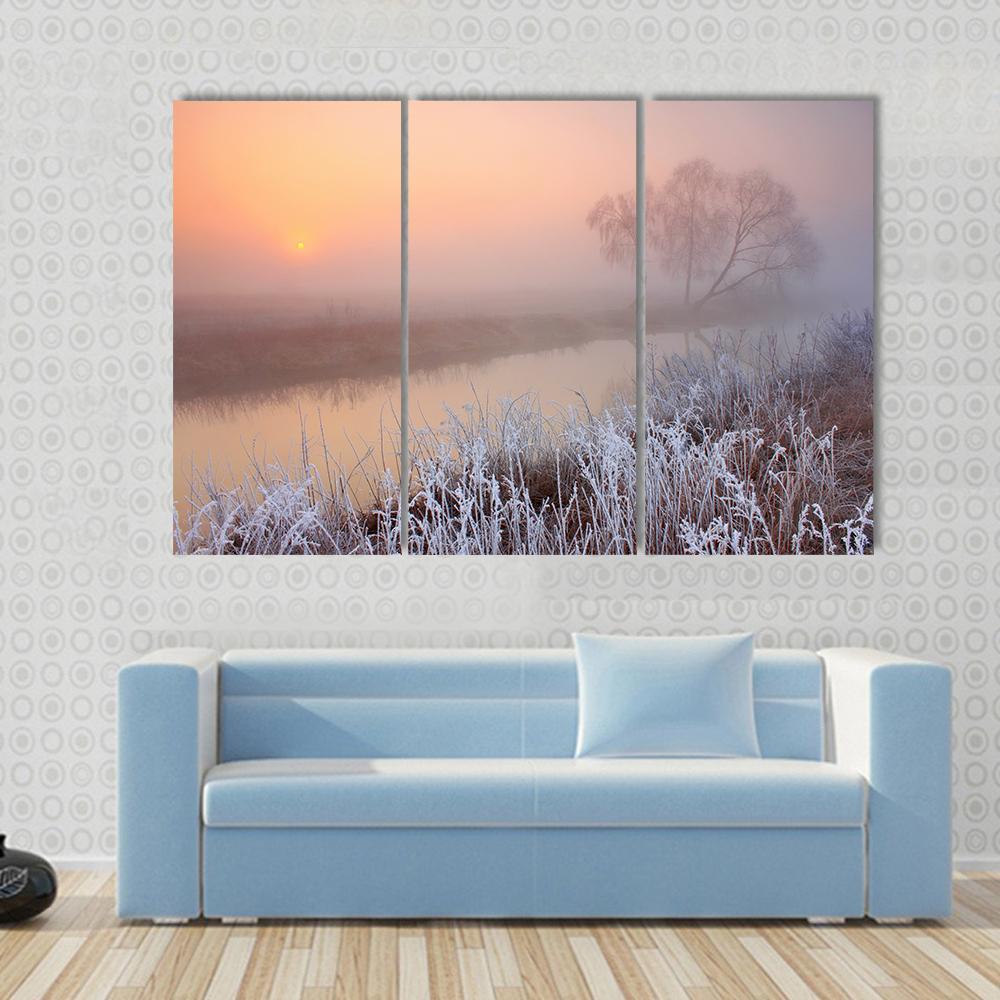 Misty Morning On River Canvas Wall Art-3 Horizontal-Gallery Wrap-37" x 24"-Tiaracle