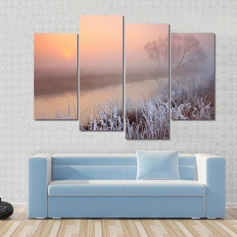 Misty Morning On River Canvas Wall Art-4 Pop-Gallery Wrap-50" x 32"-Tiaracle