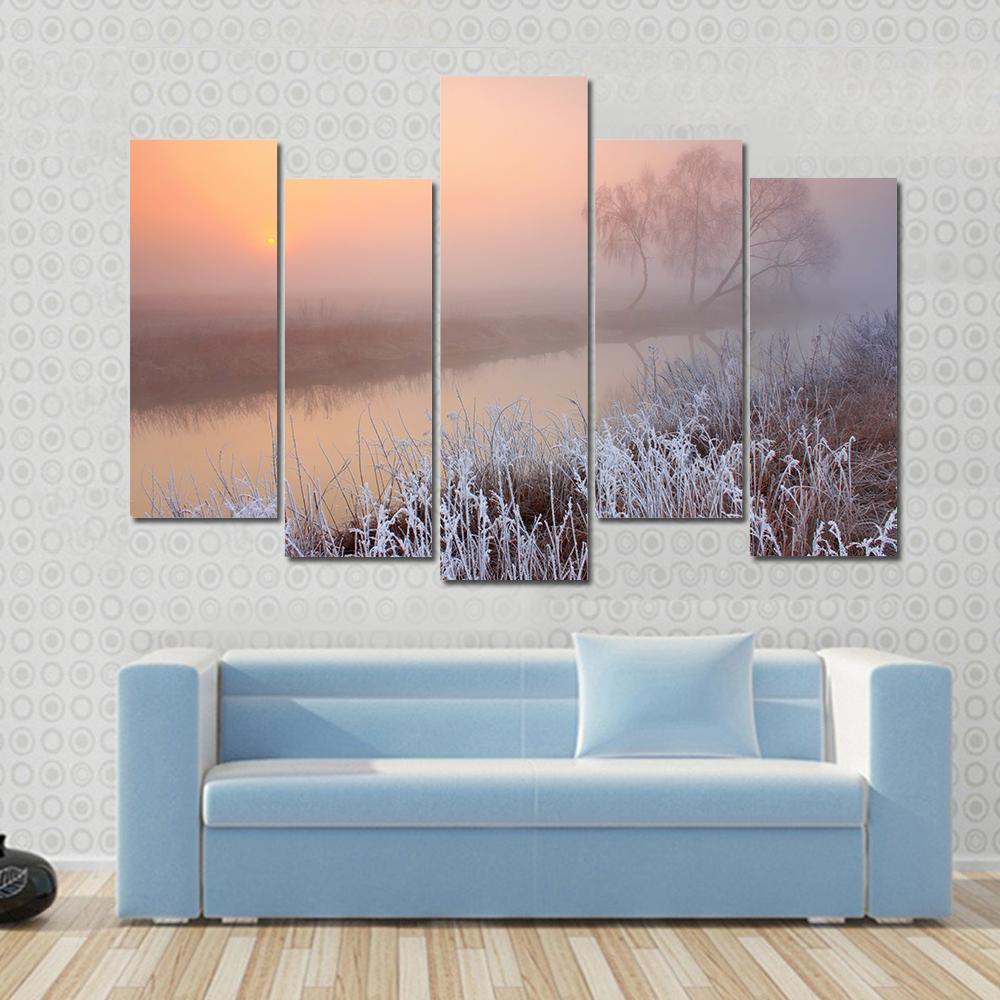 Misty Morning On River Canvas Wall Art-5 Pop-Gallery Wrap-47" x 32"-Tiaracle