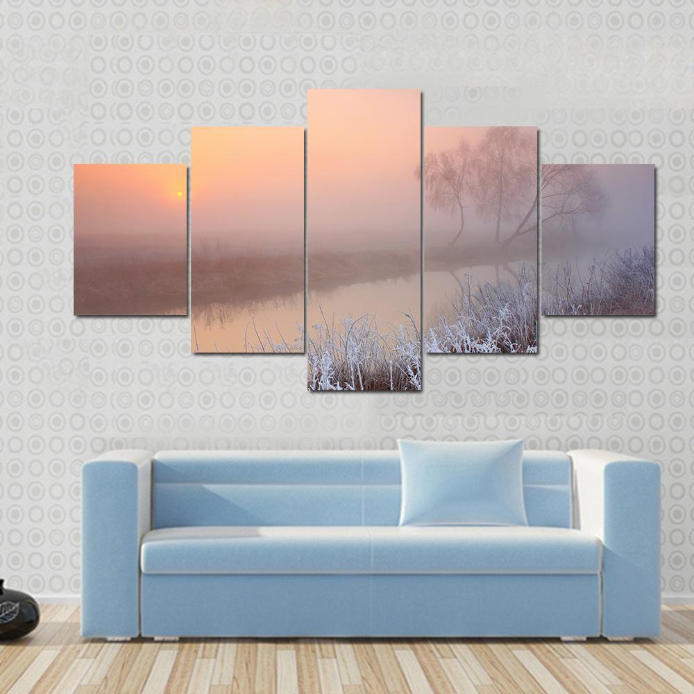 Misty Morning On River Canvas Wall Art-5 Star-Gallery Wrap-62" x 32"-Tiaracle