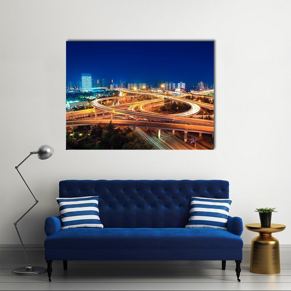 Modern Highways At Night Canvas Wall Art-1 Piece-Gallery Wrap-48" x 32"-Tiaracle