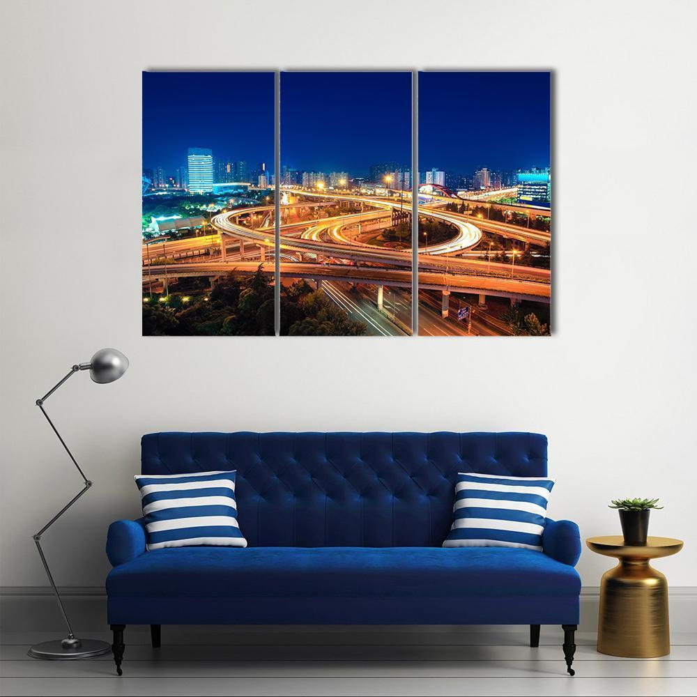 Modern Highways At Night Canvas Wall Art-3 Horizontal-Gallery Wrap-37" x 24"-Tiaracle