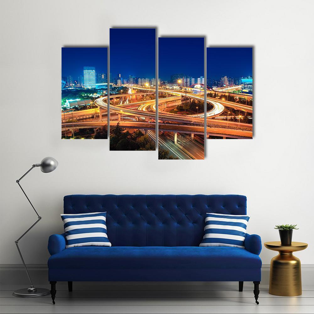 Modern Highways At Night Canvas Wall Art-4 Pop-Gallery Wrap-50" x 32"-Tiaracle