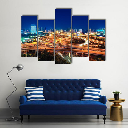 Modern Highways At Night Canvas Wall Art-5 Pop-Gallery Wrap-47" x 32"-Tiaracle